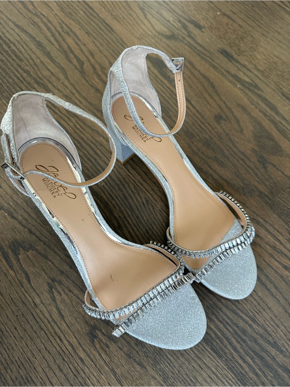 Jewel Badgley Mischka Silver Glitter Open-Toe Ankle-Strap Heels